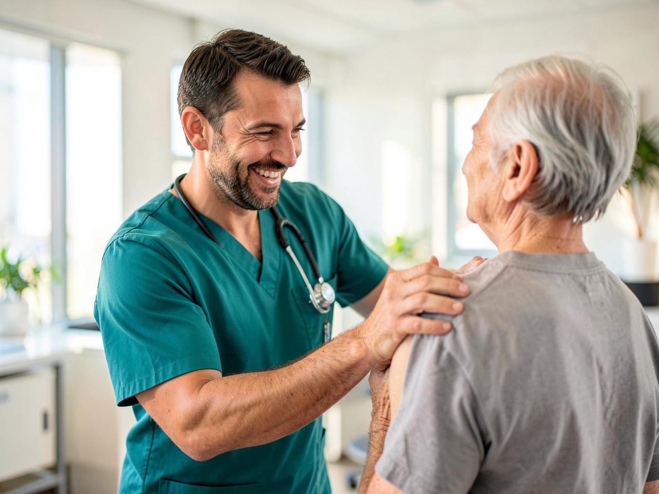 Doctor examining an older patient's shoulder in a bright clinic